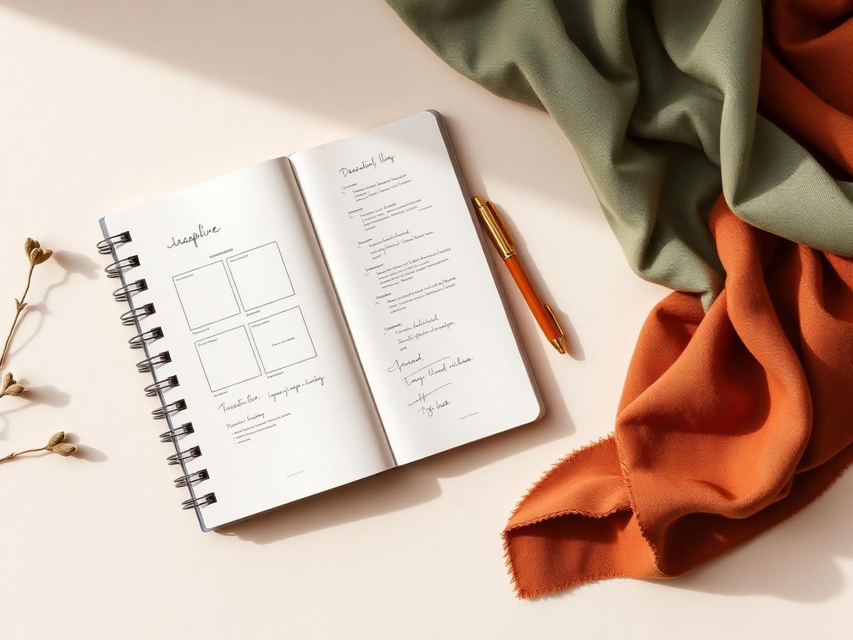 Hand-sketched website layouts beside sage and clay fabric swatches